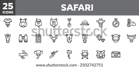 25 safari icons set, vector line, editable stroke.