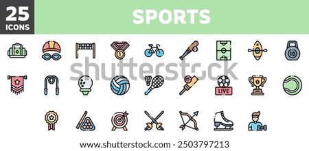 25 sport icons set, vector line, editable stroke.