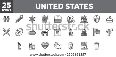 25 united states icons set, vector line, editable stroke.