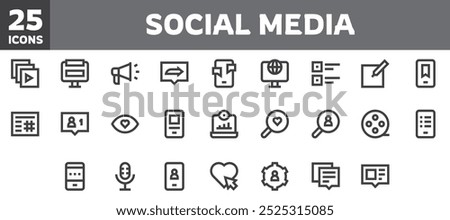 25 social media icons set, vector line, editable stroke.