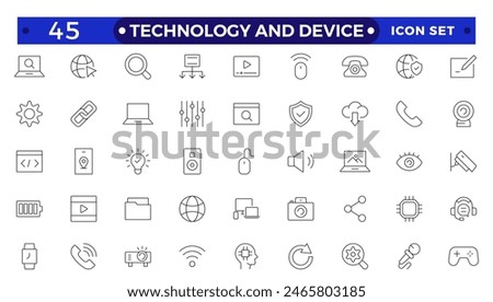 Technology and Device web icons in outline style. Computer monitor, smartphone, tablet, laptop, Mail, Search, Cloud, Media icon.Big UI icon set in a flat design. 