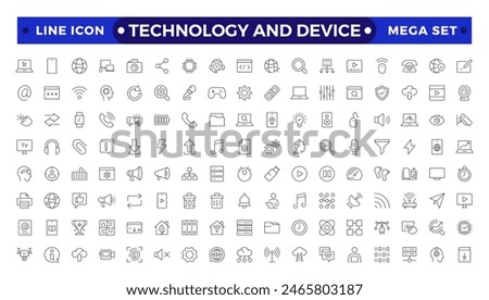 Technology and Device web icons in outline style. Computer monitor, smartphone, tablet, laptop, Mail, Search, Cloud, Media icon.Big UI icon set in a flat design. 