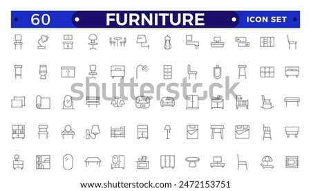 Furniture Minimal line icons set. Kitchen, bedroom, sofa table, bookcase closet, chair, mattress, lamps, ladder vector illustrations. Outline signs of house interior.
