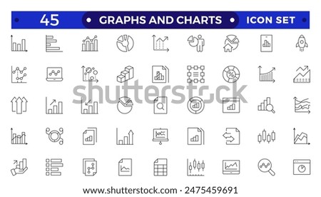 Growing bar graph icon set. Business graphs and charts icons. Statistics and analytics  Outline icon. Statistic and data, charts diagrams, money, down or up arrow. 
