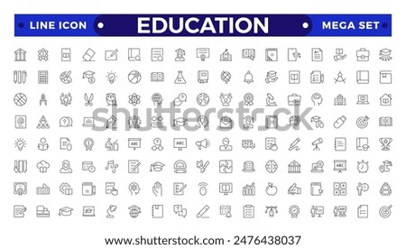 Education and learning icon set Outline vector icons related with education, success, academic subjects and more.
