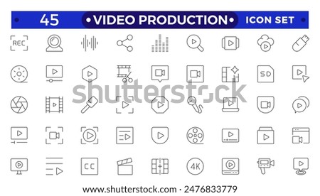 Video icon set. Containing camera, play, pause, media, online video, live, production, player, movie and cinema icons.video production icon outline icon collection.
