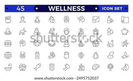 Set of outline icons related to wellness, wellbeing, mental health, healthcare, cosmetics, spa, medical, massage, yoga, spa, relaxation,  exercise, diet, Outline icon collection. Wellness icon set. 
