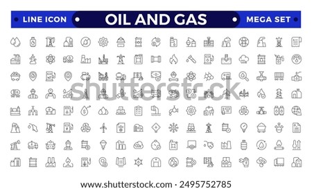 Oil and gas thin line web icon set. Outline icons collection. Oil and Gas icon set. Containing fuel, refinery, petroleum, oil well, gas pump, offshore platform, lubricant, oil barrel and more
