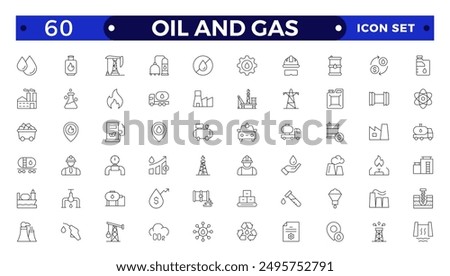 Oil and gas thin line web icon set. Outline icons collection. Oil and Gas icon set. Containing fuel, refinery, petroleum, oil well, gas pump, offshore platform, lubricant, oil barrel and more
