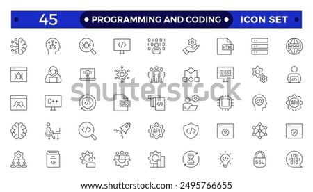 Programming coding set of web icons in line style. Software development icons for web and mobile app. Code, api, programmer, developer, information technology, coder outline icon collection.
