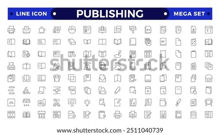 Publishing Outline icon. Flyer Brochure line icon set. letterhead, booklet, leaflet, corporate catalog, envelope.
