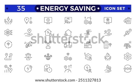 Energy Saving outline icon set with conservation, reduce waste, consumption, management, efficiency, gas emission and green house. Eco related icons Energy Costs, Power ConsumptionGreen House 
