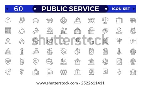 Public service Outline icon collection set. Containing policy, needs, community, government employee, public finance, interest, volunteer, Gas, electricity, water, heating icon. 
