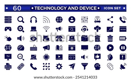 Technology and Device web icons in solid style. Computer monitor, smartphone, tablet, laptop, Mail, Search, Cloud, Media icon.Big UI icon set in a flat design. 