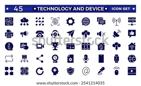 Technology and Device web icons in solid style. Computer monitor, smartphone, tablet, laptop, Mail, Search, Cloud, Media icon.Big UI icon set in a flat design. 