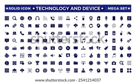 Technology and Device web icons in solid style. Computer monitor, smartphone, tablet, laptop, Mail, Search, Cloud, Media icon.Big UI icon set in a flat design. 