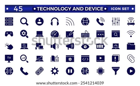 Technology and Device web icons in solid style. Computer monitor, smartphone, tablet, laptop, Mail, Search, Cloud, Media icon.Big UI icon set in a flat design. 