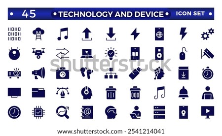 Technology and Device web icons in solid style. Computer monitor, smartphone, tablet, laptop, Mail, Search, Cloud, Media icon.Big UI icon set in a flat design. 