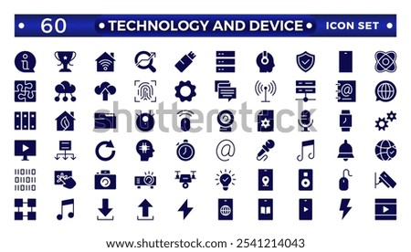 Technology and Device web icons in solid style. Computer monitor, smartphone, tablet, laptop, Mail, Search, Cloud, Media icon.Big UI icon set in a flat design. 