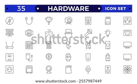 Hardware outline icon set. Contains linear outline icons like PC, CPU, Laptop, USB, DVD Room, HDD, SSD, RAM, Graphic Card, Keyboard, Mouse, LCD Projector, Storage. 
