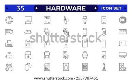 Hardware outline icon set. Contains linear outline icons like PC, CPU, Laptop, USB, DVD Room, HDD, SSD, RAM, Graphic Card, Keyboard, Mouse, LCD Projector, Storage. 
