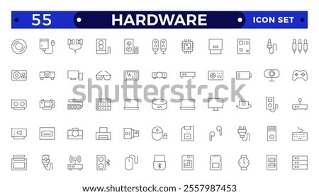 Hardware outline icon set. Contains linear outline icons like PC, CPU, Laptop, USB, DVD Room, HDD, SSD, RAM, Graphic Card, Keyboard, Mouse, LCD Projector, Storage. 
