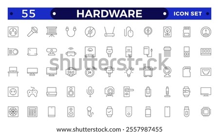 Hardware outline icon set. Contains linear outline icons like PC, CPU, Laptop, USB, DVD Room, HDD, SSD, RAM, Graphic Card, Keyboard, Mouse, LCD Projector, Storage. 
