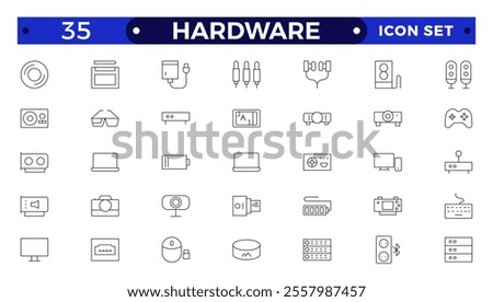 Hardware outline icon set. Contains linear outline icons like PC, CPU, Laptop, USB, DVD Room, HDD, SSD, RAM, Graphic Card, Keyboard, Mouse, LCD Projector, Storage. 
