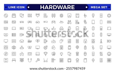 Hardware outline icon set. Contains linear outline icons like PC, CPU, Laptop, USB, DVD Room, HDD, SSD, RAM, Graphic Card, Keyboard, Mouse, LCD Projector, Storage. 
