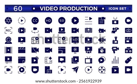 Video icon set. Containing camera, play, pause, media, online video, live, production, player, movie and cinema icons.video production icon solid icon collection.
