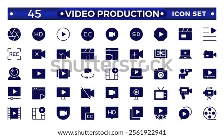 Video icon set. Containing camera, play, pause, media, online video, live, production, player, movie and cinema icons.video production icon solid icon collection.
