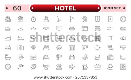 Hotel outline icons set. Rental property icons. Set of hotel booking, five-star hotel, service line vector web icon. Hotel universal set with Building, Parking, Meal, Air conditioner.
