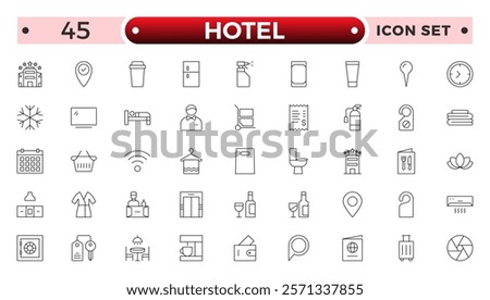 Hotel outline icons set. Rental property icons. Set of hotel booking, five-star hotel, service line vector web icon. Hotel universal set with Building, Parking, Meal, Air conditioner.
