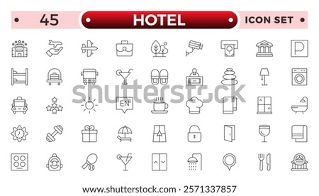 Hotel outline icons set. Rental property icons. Set of hotel booking, five-star hotel, service line vector web icon. Hotel universal set with Building, Parking, Meal, Air conditioner.
