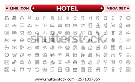 Hotel outline icons set. Rental property icons. Set of hotel booking, five-star hotel, service line vector web icon. Hotel universal set with Building, Parking, Meal, Air conditioner.
