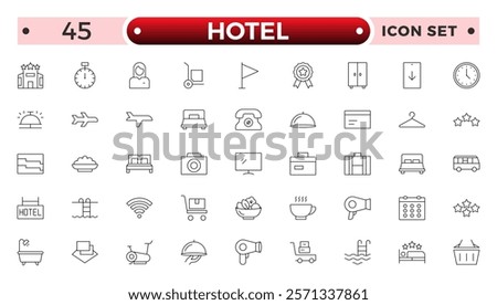 Hotel outline icons set. Rental property icons. Set of hotel booking, five-star hotel, service line vector web icon. Hotel universal set with Building, Parking, Meal, Air conditioner.
