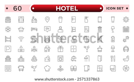 Hotel outline icons set. Rental property icons. Set of hotel booking, five-star hotel, service line vector web icon. Hotel universal set with Building, Parking, Meal, Air conditioner.
