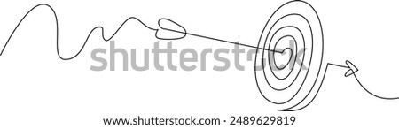 Target with arrow continuous line drawing. Hand drawn linear goal circle. Vector illustration isolated on white.