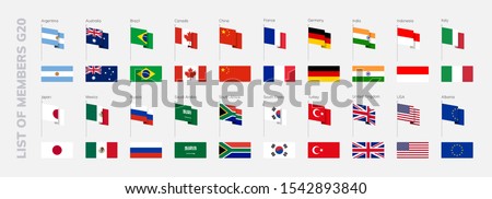 G20 countries flags. International financial summit forum meeting flags symbols. Isolated vector icons set. G4, G7, P5, BRICS, MICTA