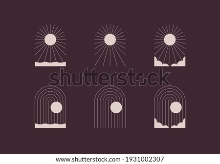 Set of logos with sun and moon. Portal, arch. Clear sky, water, clouds.