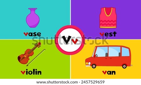 Letter V v, vase, violin, vest, van, Flashcard, Alphabet, Kids, Learning, Teaching, Vocabulary
