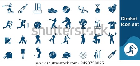 Cricket icon set contains beautiful icons of cricket bat, field, referee, players and more.