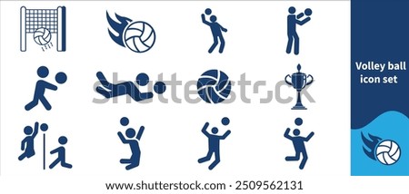 Volleyball icon set, volleyball, net, spiking, beach volleyball, court line, volleyball player, ball in mid-air, serve, sand court, jumping action