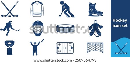 Hockey Icon Set, Hockey Stick, Puck, Goal Net, Skates, Faceoff, Hockey, Helmet, Crossed, Stick,