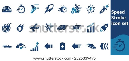 Speed Stroke icon collections. Containing fast, slow, movement, productivity, indicator, turbo, speeding, gauge, express and speedometer icons. Stroke icon collection Editable Outline icon