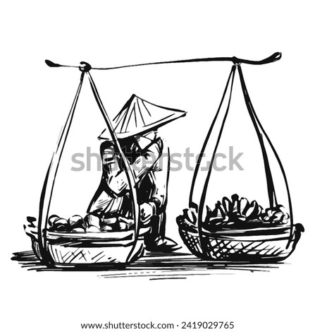 Drawing of Vietnamese women street sales 