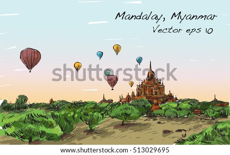 Sketch landscape of Mandalay, Manmar, show balloon on sky over Bagan, free hand draw illustration vector