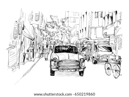 sketch of cityscape in India show transportation local taxi on street, illustration vector