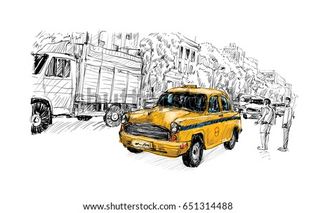sketch of cityscape in India show transportation local taxi on street, illustration vector