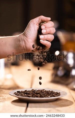 Similar – Image, Stock Photo Barista preparing a coffee at the sieve carrier machine in a café